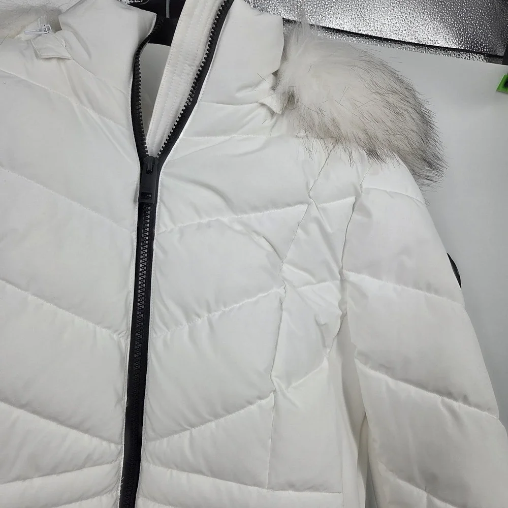 Michael Kors Puffer Jacket Detachable Hood MK White Faux Fur Trim M Quilted